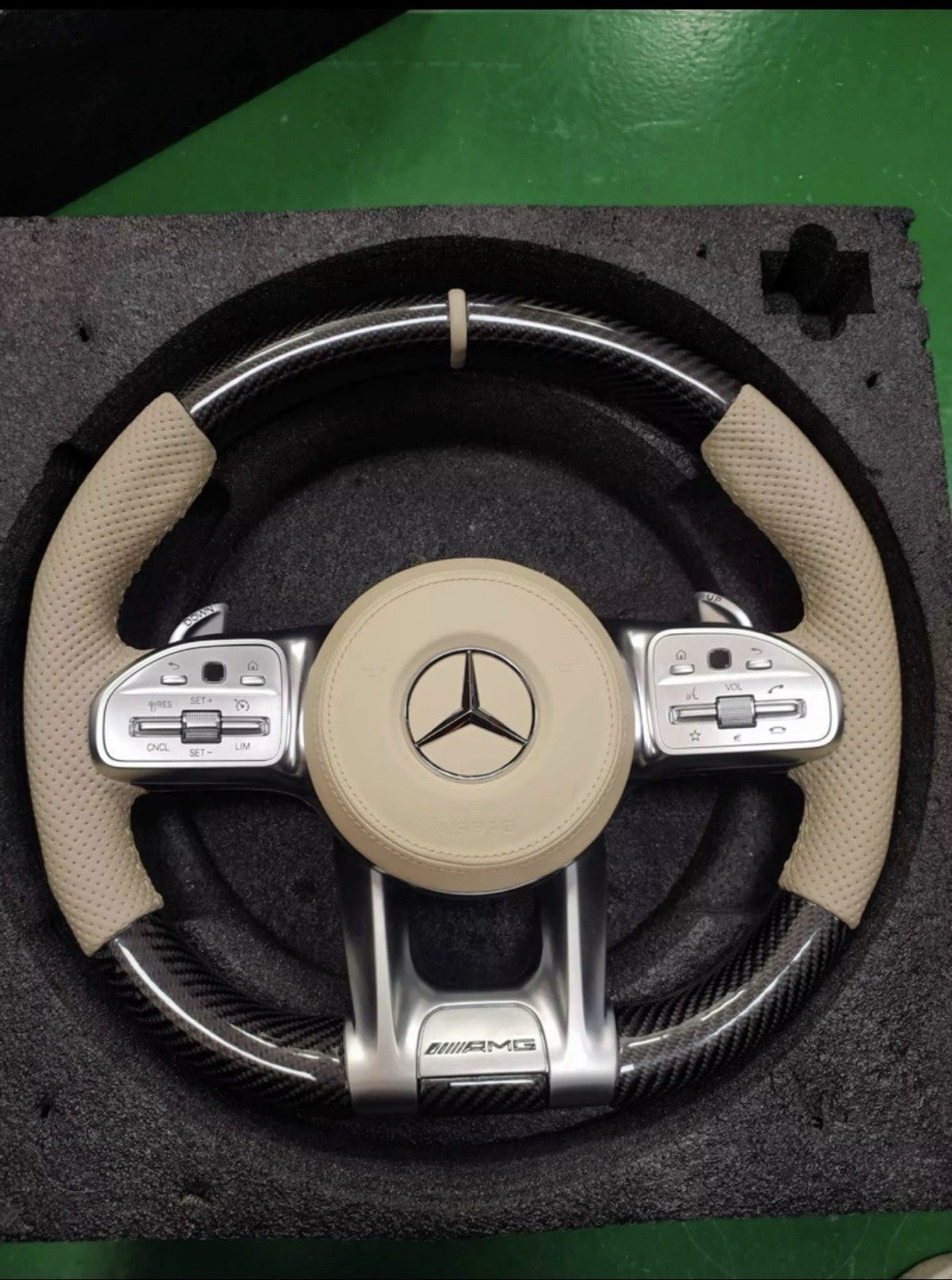 Mercedes AMG cream tan leather steering wheel